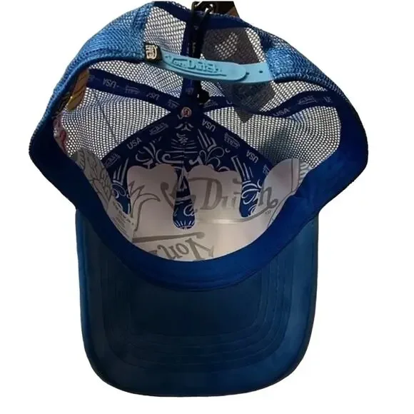 Von Dutch Blue Velvet Pink Yellow Logo Trucker Hat NWT - Picture 3 of 6